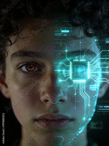 A striking digital portrait of a young person with dark, curly hair, their face split down the middle