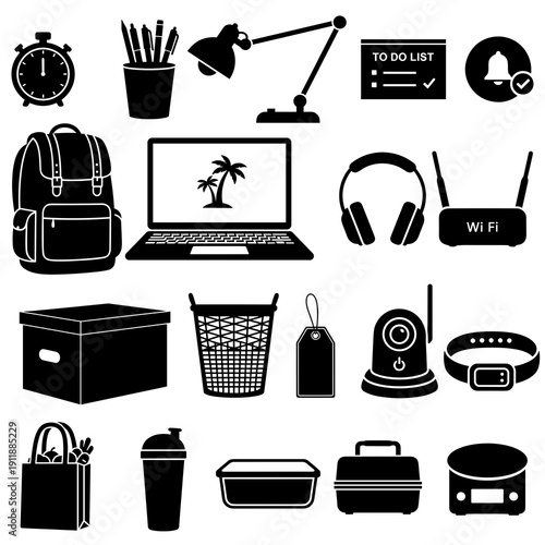 A collection of various office and school supplies icons in a flat black and white design