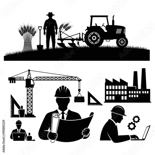 A collection of black silhouette icons depicting various industries and occupations, including farming, construction, and manufacturing.