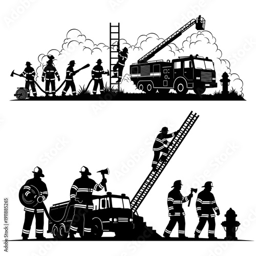 A black and white vector graphic illustration of firefighters in action with a firetruck and ladder