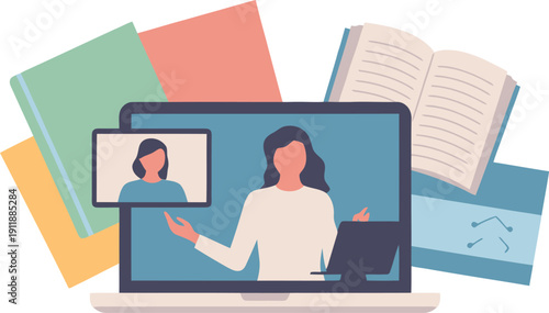 Online Education Vector: Teacher Leads Virtual Class with Books and Laptop