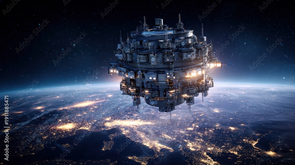 Fototapeta premium Massive spherical orbital data center hub hosting global cloud services in outer space