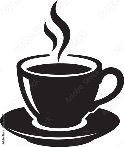 Blackandwhite illustration of a steaming hot cup of coffee on saucer