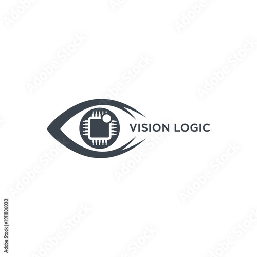 Modern eye iris camera logo with computer chip sensor for vision tech AI surveillance data analytics security technology featuring text VISION LOGIC