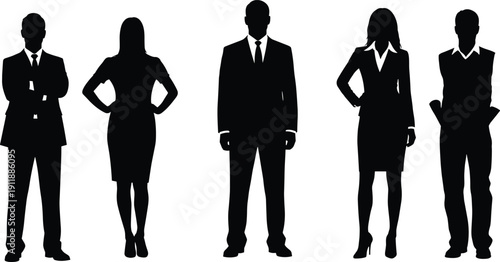 Professional Business Team Silhouette Set Featuring Diverse Male and Female Corporate Executives Standing in Confident Poses for Leadership and Career Concepts