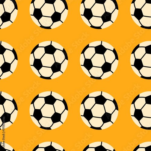 Soccer ball seamless pattern on yellow background. Repeating football icon texture. Sports game surface concept for design and print.