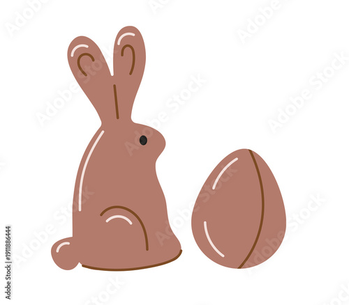 Chocolate Easter bunny illustration with chocolate egg on white background. Sweet candy rabbit figure symbol.