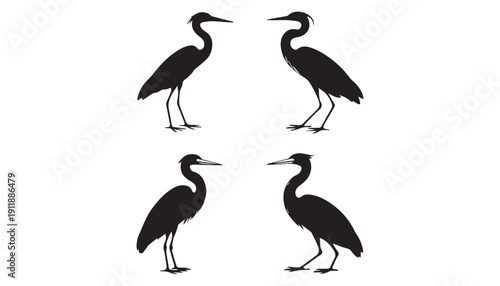 black color heron bird set of silhouette vector illustration, solid white background