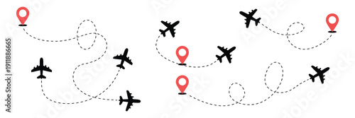 Airplane Flight Route Vector Icons, Line Path Illustration With Start Point, Dotted Trace, And Map Location Pins For Travel, Navigation, And Aviation Concept
