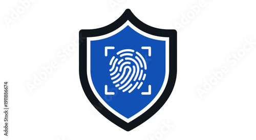 Minimalist biometric security shield with fingerprint scanner flat vector icon, blue and white, isolated