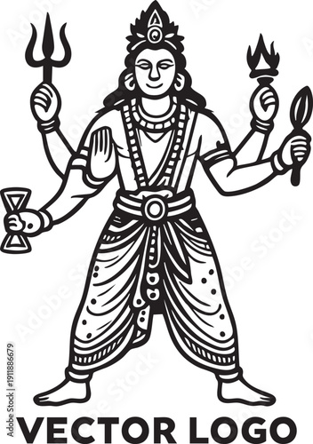 Hindu god Shiva with four arms and trident vector logo illustration
