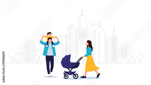 Father carrying a child on his shoulders and mother pushing a stroller while walking in a modern city environment.