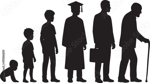 Human life stages from baby to old man in silhouette on white background