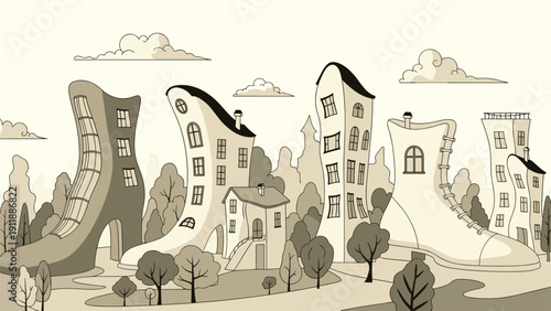 Creative illustration of a village with houses shaped like various types of shoes and boots in a sepia-toned world.