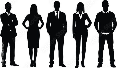Professional business team silhouettes standing together in formal office attire, vector illustration for corporate leadership, recruitment, and successful partnership concepts.