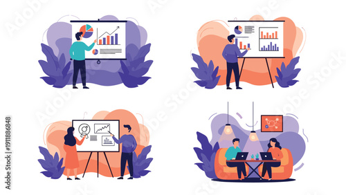 Business professionals presenting various data charts and collaborating in different office settings shown in an informative collage.
