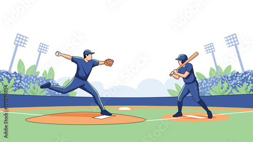 Exciting baseball match with a pitcher in action and a batter ready to hit the ball in a large stadium setting.