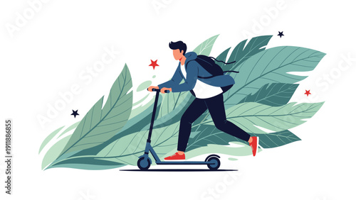 Young man riding an electric scooter quickly through a lush environment with oversized tropical green leaves.