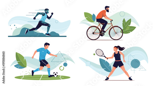 Collage of vector illustrations showing people participating in various sports like running, cycling, and soccer.