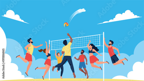 Energetic group of young people playing a fun game of beach volleyball on a sunny day under a bright blue sky.