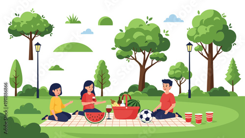 Small group of friends enjoying a picnic on a green lawn with food, drinks, and a soccer ball in a public park.