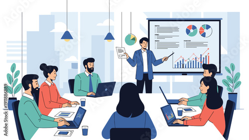 Group of business professionals attending a corporate meeting in a modern office while a colleague gives a presentation.