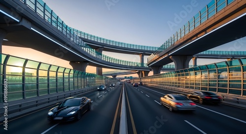 Modern elevated highway at sunset, complex infrastructure, urban development, and efficient transportation system