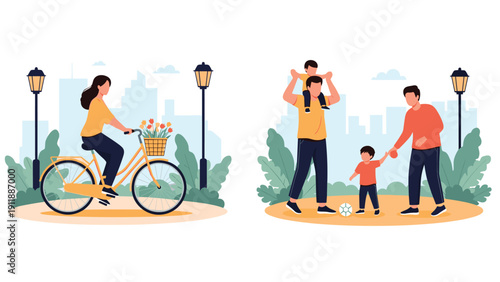 Composite image showing a young woman cycling through the city and a father playing soccer with his two sons in a grassy park.