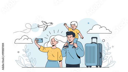 Happy young family taking a selfie together while preparing for their holiday trip with a plane and travel suitcase in the park.
