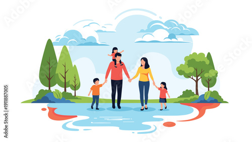 Happy family of four holding hands and walking through a scenic natural landscape featuring green mountains and a blue sky.