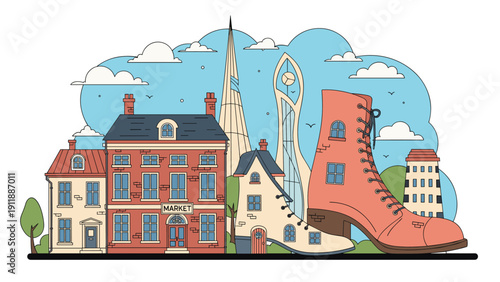 Creative illustration of a colorful city street where giant boots are integrated into the architecture near historical buildings.