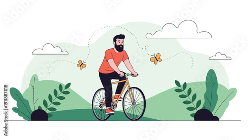 Bearded man riding a yellow bicycle through a scenic green landscape with rolling hills, butterflies, and fluffy white clouds.