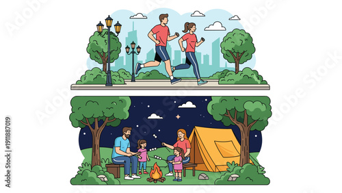 Split illustration showing a couple jogging in a park and a family enjoying a camping trip at night by a warm campfire.