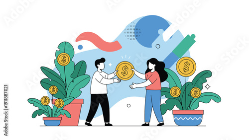 Man and woman holding a giant gold coin together between blooming money plants to represent financial collaboration and success.