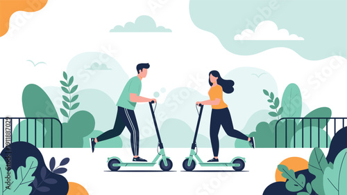 Young man and woman riding electric scooters together in a modern city park with green trees and a white decorative fence.