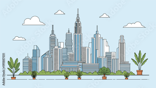 Detailed architectural line illustration of a modern city skyline with tall skyscrapers, white clouds, and potted plants.