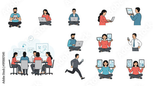 Collection of flat vector illustrations featuring modern professionals and casual users interacting with digital devices in various poses.