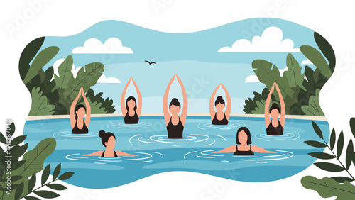 Flat vector illustration of a group fitness class enjoying a healthy and active workout session in a beautiful aquatic environment.