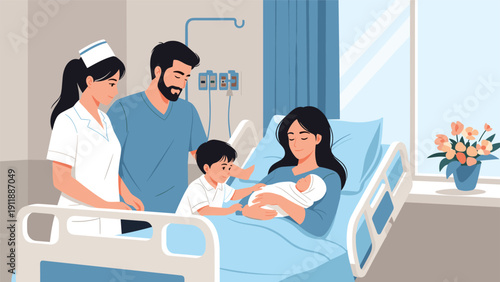Flat vector illustration for childbirth and newborn care, showing a happy family together in a medical ward with a supportive nurse.
