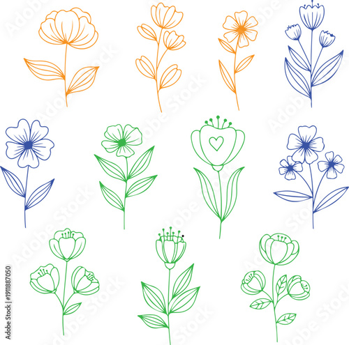 Handdrawn floral illustrations with various flower designs isolated