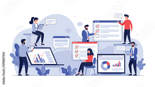 Team of professional business people collaborating on data analysis and tasks using multiple large digital screens and computers.