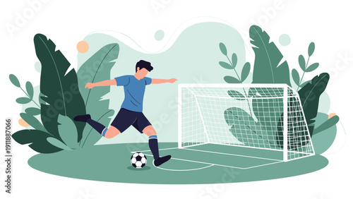 Young male athlete kicking a soccer ball towards a white goal on a green field surrounded by large tropical green leaves.