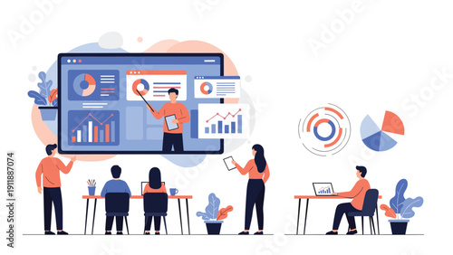 Group of students attending an online business webinar with a professional presenter showing financial charts on a digital screen.