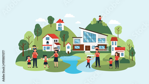 Flat vector illustration of a sustainable community where parents and children enjoy nature and a clean environment near their homes.