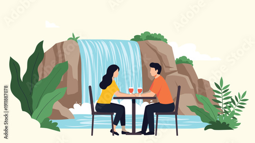 Romantic couple enjoying a private dinner with red wine at a table set in front of a majestic waterfall in a lush forest setting.
