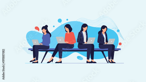 Flat vector illustration of a female team or students collaborating and studying in a modern coworking space or library setting.