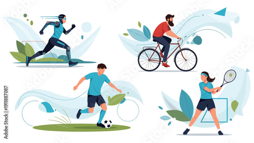 Collection of flat vector illustrations showcasing human and futuristic athletes participating in various physical exercises and matches.