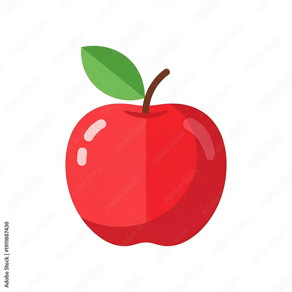 Fototapeta premium Glossy red apple with a single green leaf and stem, isolated on a white background. PNG