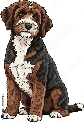 Spanish Water Dog sitting attentive tilting head curious illustration