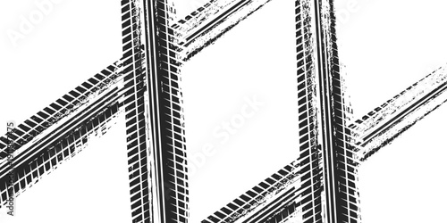 Tire track. Car, bike, motorcycle tyre mark with grunge effect isolated on white background. Wheel footprint on the road. Top view of rubber protector mark